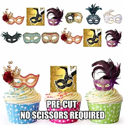 PRE-CUT Masquerade Ball Party Pack 36 Edible Cupcake Toppers Vintage Eye Masks • £5.99