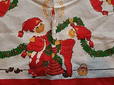 Vintage Christmas Elves Tablecloth Tea Towel Dresser Scarf Table Topper Square • $15.95