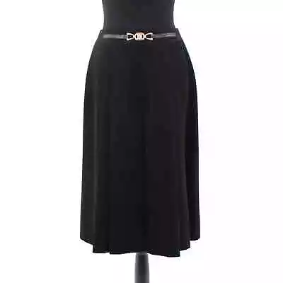 CÉLINE Black Wool Pleated Gold Triomphe Logo A-line Midi Skirt 40 Paris Vintage • $299.99
