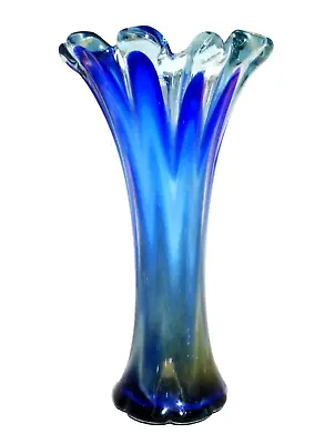 Blown Glass Swung Style Vase Cobalt Blue & White Swirls 11  • $21.24