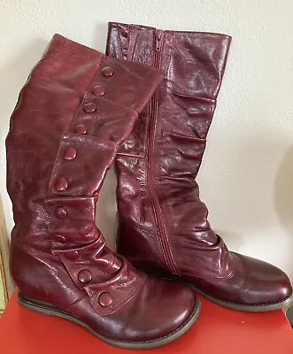 Miz Mooz Burgundy Red Bloom Ruffle Button Leather Boots Size 6 Women’s • $95