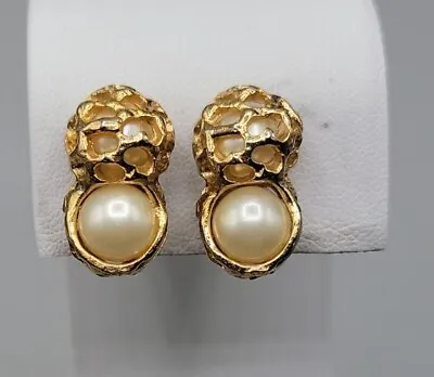 Vintage Marvella Caged Faux Pearl Clip On Earrings Gold Tone • $28.80