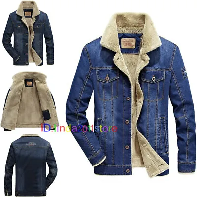 Mens Denim Jeans Fur Collar Fleece Lined Jacket Fashion Casual Denim Winter Coat • £35.63
