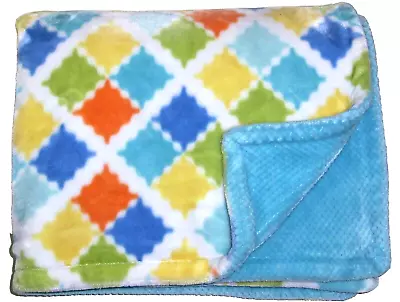 Little Miracles Costco Plush Baby Blanket Aqua Blue Orange Yellow Green Squares • $52.76