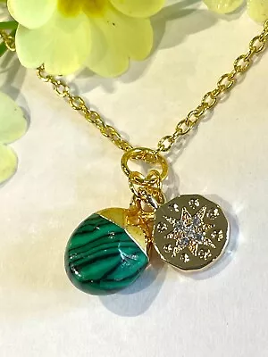 Green Malachite Gemstone Nugget And Gold Crystal Star Charm Necklace BNWT • £14.99