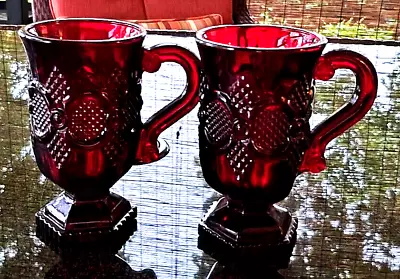 2 Vintage Avon Cape Cod Ruby Red Glass Footed Pedestal 5  Coffee Mugs Cups • $10