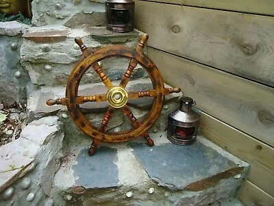 £64.95 • Buy Ships Wheel Mango Wood With A Antique Finish 24  Across - Brass Maritime Pirate
