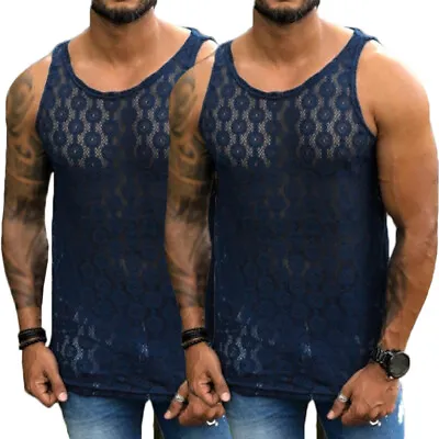 £8.21 • Buy Mens String Mesh Vest Fitted Sheer Gym Training Tank Top T Shirt Fish Net Tank