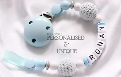 Blue Crochet Dummy Clip Personalised Dummy Chain Pacifier Clip For Baby Boy • £9.45