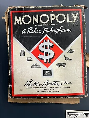 Vintage Monopoly Game 1936/7 Parker Bros Wooden Pieces RARE • $24.95