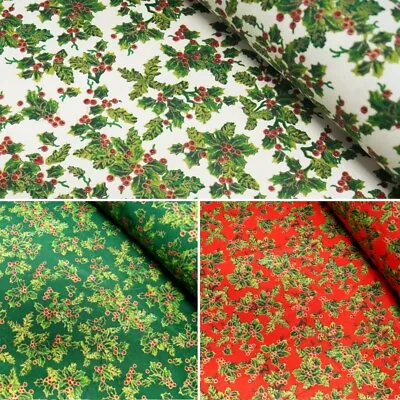 100% Cotton Fabric Lifestyle Christmas Allover Holly Leaves Festive 140cm Wide • £3.50