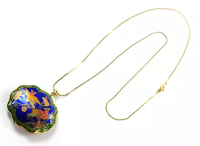 Vintage Chinese Cloisonne Blue Green Enamel Gold Tone Bird Pendant Necklace 24  • $24.99