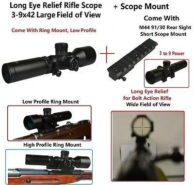Wide Angle 3-9x42 Long Eye Relief W Mosin Nagant M44 M91/30 M38 Top Scope Mount • $69.99