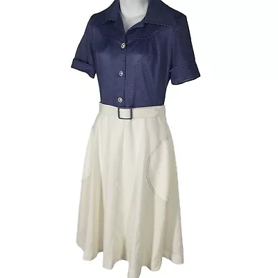 Vintage Dress 1960's Polyester Mom Secretary Blue White A-line Belted S/M • $47.20