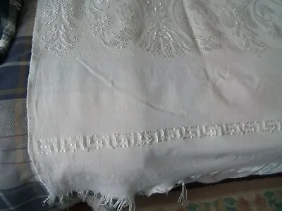 Vtg White-On-White Gauzy Bedspread Coverlet Throw Embossed Greek Key Fringe • $30
