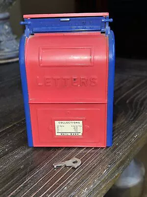 Vintage Plastic Mail Box Coin Bank RED BLUE W/ Key Wall Hanger Nice! • $12.64