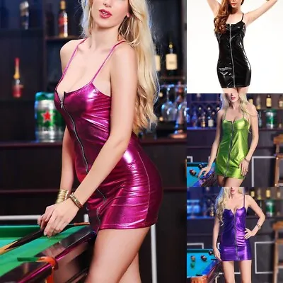 Fashionable Women's Glossy Leather Zip Up Bodycon Pencil Skirt Dress For Party • £14.08