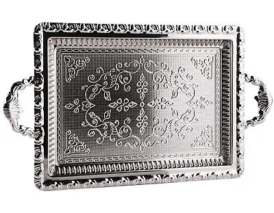 Turkish Metal Tray Teacup Rectangle Tray Serving Coffee Tea 15.5x9  SILVER 2-Cup • $21.95