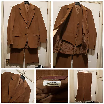 Vintage Corduroy Suit Mens 3 Piece Brown Jacket 44R Pants 36x28 Czechoslovakia • $98.88