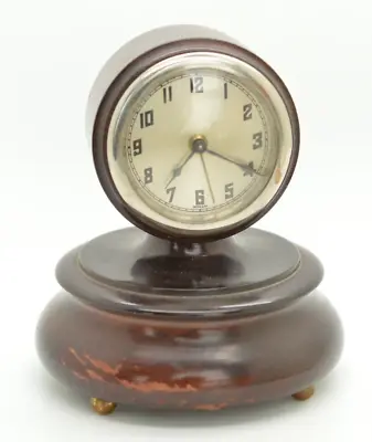Antique Mauthe German Desk Clock Wood Case Round Pedestal Manual Wind Alarm • $51.27