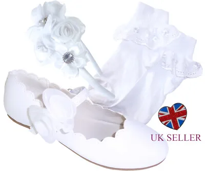 £25.99 • Buy Girls Childs White Ballerina Flower Girl Shoes Socks Set Communion Bridesmaid 