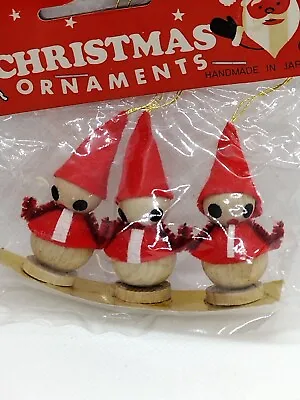  ☃️ NOS Pack Of 3 Wooden & Flocked Mini Santa Christmas Ornaments Japan Handmade • $7.99