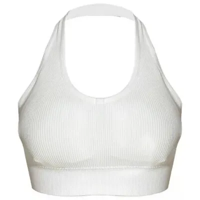 Women Summer Halter Neck Ribbed Knit Crop  Top Solid Color Padded Sport Bras • £4.63