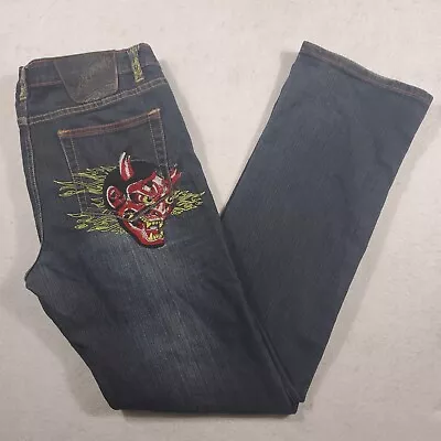 Ed Hardy Denim Jeans Y2K Embroidered Tattoo Demon Devil Japanese Mens Size 31/32 • $79.99