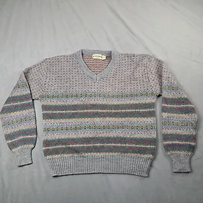Vintage Sears Classics Sweater Striped Geometric 80's Wool Blend Gray Size Large • $7.48