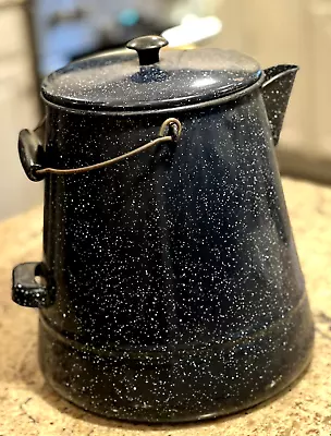 Vintage X-Large (12.5 ) Cowboy Black Speckled Granite Ware Enamel Coffee Kettle • $39.99