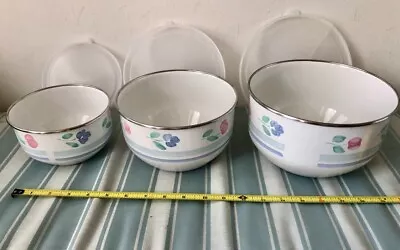 SET OF 3 Nesting Enameled Metal STORAGE/MIXING BOWLS Hand Painted Floral Design • $4.99