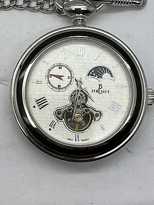 Stainless Steel BERENGER Wind Up Pocket Watch Moon Phase Open Heart • $129.99