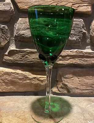 Murano Art Glass Hand Blown Clear Ribbed Stem Tall Fine Wine Glass Green 9.75” • $18