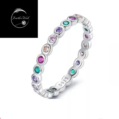 Rainbow Coloured Stackable Ring Genuine Sterling Silver 925 With Cubic Zirconia • £14.99