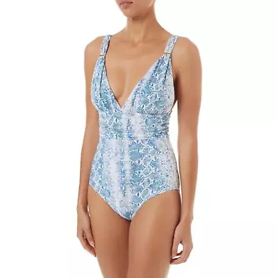 Melissa Odabash Panarea Blue Snake Print Shirred One Piece Swimsuit Sz 10 • $69.95