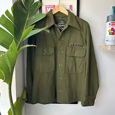 VINTAGE 60s 70s | U.S Army Military Fatigue Wool Button Down Shirt Sz M Adult • $78