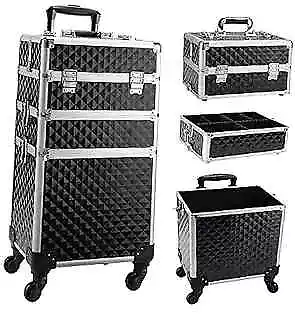  3 In 1 Rolling Makeup Train Case Professional Cosmetic Trolley Black Vintage • $143.02