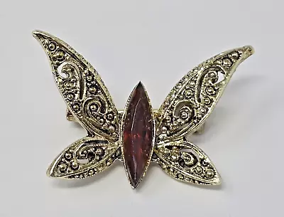 VINTAGE Gold Tone Amber Rhinestone BUTTERFLY Pin Brooch • $9