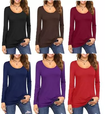 Womens Long Sleeve Round Scoop Neck Plain T-Shirt Ladies Fitted Tee Top 6 To 24 • £7.99