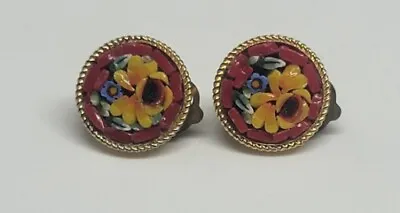 Vintage Floral Micro Mosaic Millefiori Clip On Earrings Multi Color Flower • $15