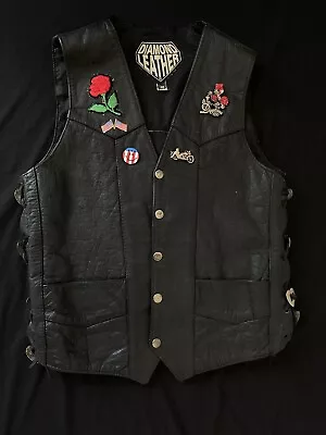 Vintage Diamond Leather Motorcycle Vest W/ Pins And Patches Size 38 • $75