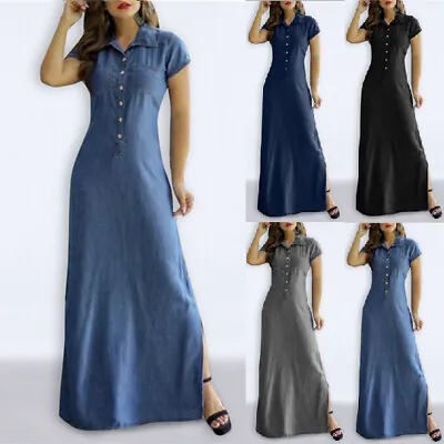 Womens DENIM Shirts Dress Summer Button V Neck Long Split Dresses Plus SIZE 6-24 • £16.19