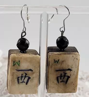 Vintage Earrings Handmade MAH JONG Tiles Charms NOT On Identical Wood Width • $19.99