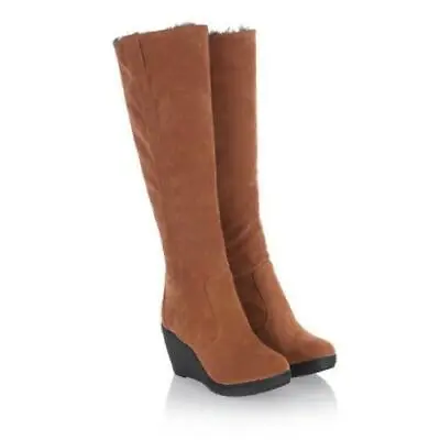 Womens Winter Warm Knee High Fur Lined Boots Wedge Heel Snow Casual Suede Shoes • $55.32