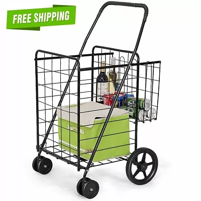 Folding Shopping Cart Jumbo Basket Grocery Laundry Travel W/ Swivel Wheels New • $52.68