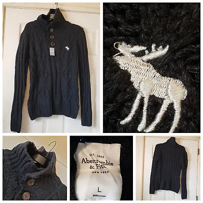 Abercrombie & Fitch Sweater Mens Large Black Cardigan Rib Knit Moose Shawl NEW • $78.88