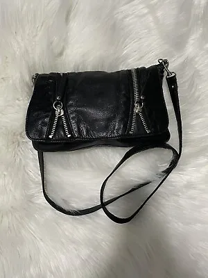 Linea Pelle Black Leather Handbag Purse Saks 5th Ave Fashion Zippers • $35