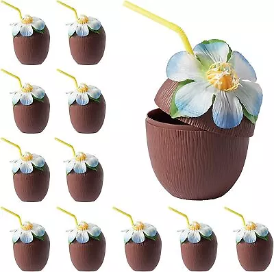 12 PCS Coconut Cups Hawaiian Luau Lei Hula Food Grade Party Cups Drink & Straw • £19.99