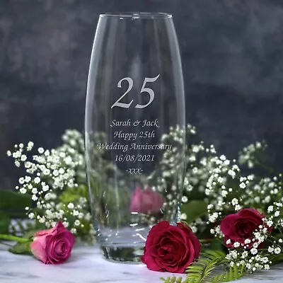 Personalised Glass Vase For 25th Silver Wedding Anniversary Gifts Ideas Couple  • £14.99