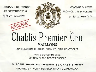Chablis Premier Cru Vaillons White Burgundy French Wine Label VTG Original A356 • $11.97